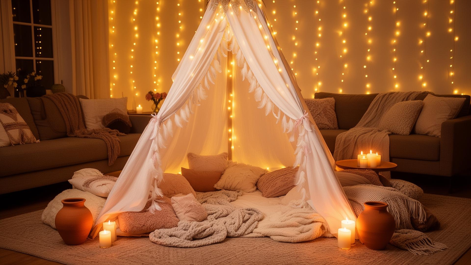 Tipi décoré pour une soirée pyjama immersive